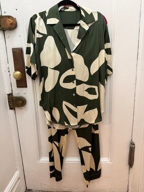 Two-Piece Olive Green & Cream Abstract Print Set